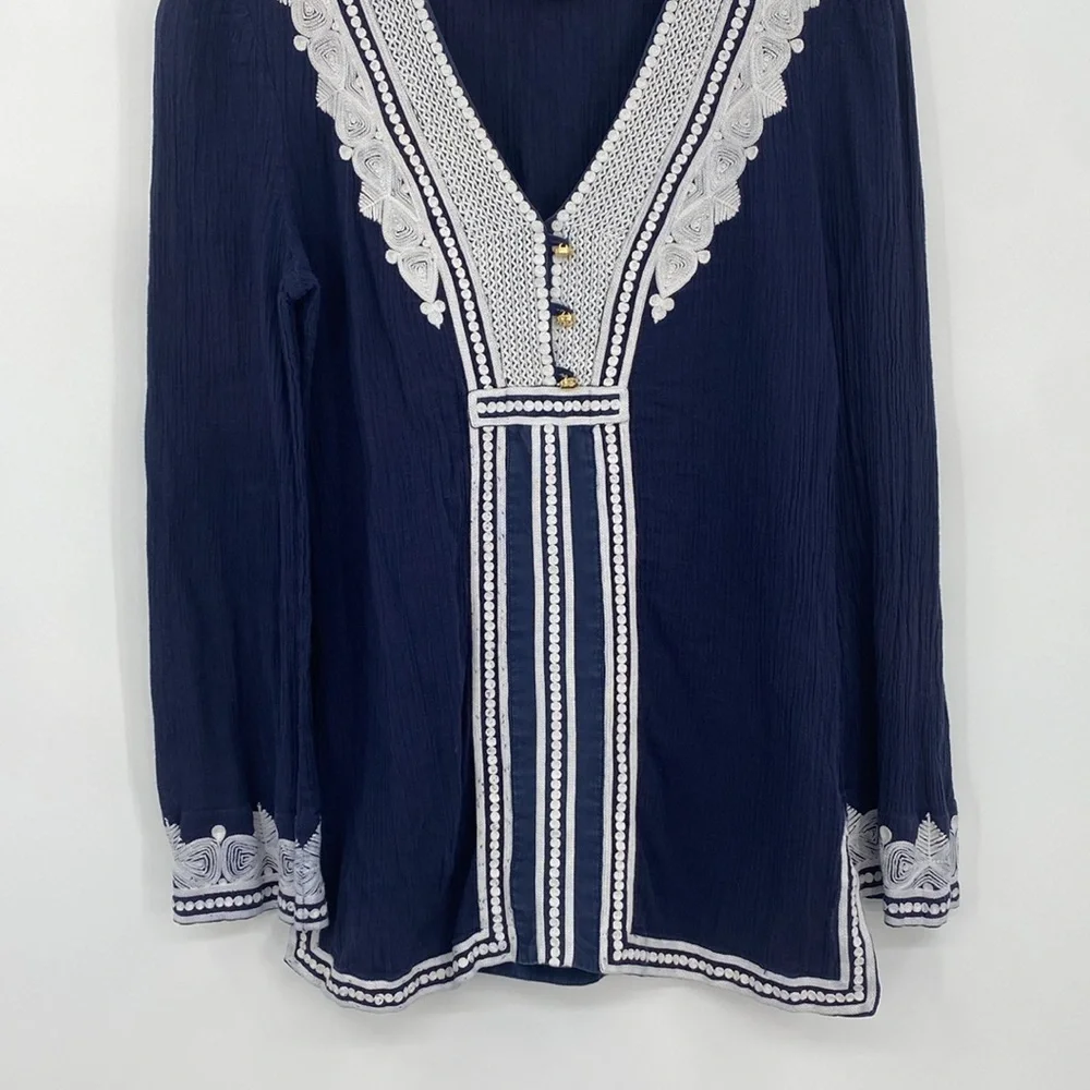 Tory Burch Tunic Blouse Top Womens Size 8 Blue White‎ Lace Long Sleeves V Neck